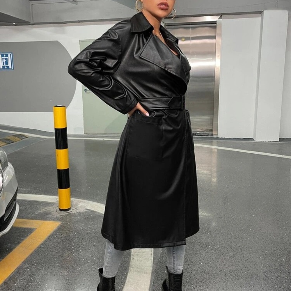 SHEIN -Dual Pocket Buckled Belted PU Trench Coat